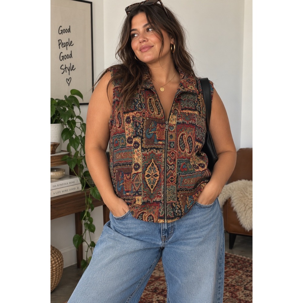 Coldwater Creek Tapestry Vest XXL Red Patchwork Elephant Paisley Zip Front Boho